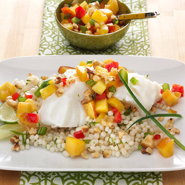 Fisher Nuts | Recipe | Poached Cod with Peach and Walnut Salsa